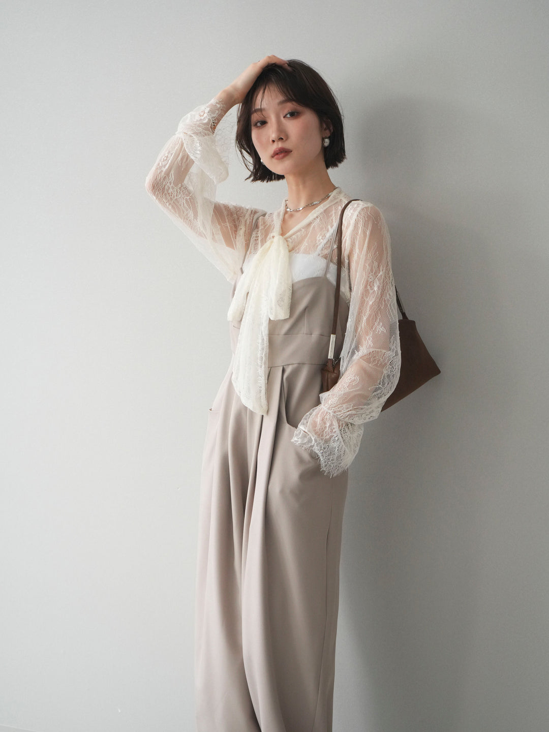 [SET]バックデザインサロペット+リバーレースボウタイトップス(2set)