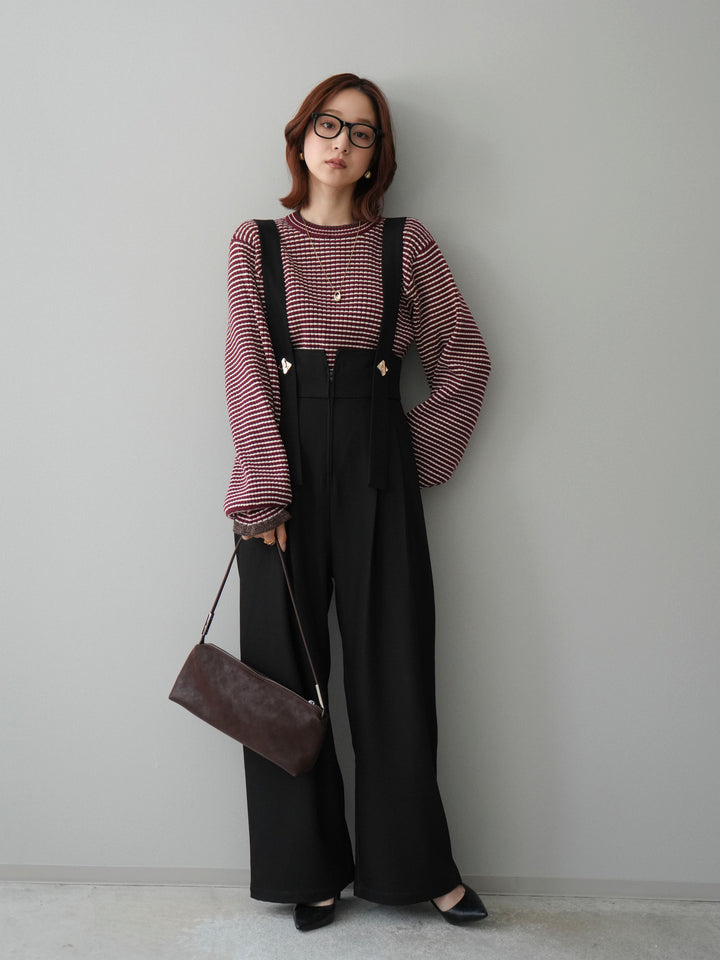 [SET]ラメ異素材ボーダーリブニットプルオーバー+ゴールドボタンサスペンダーワイドパンツ(2set)