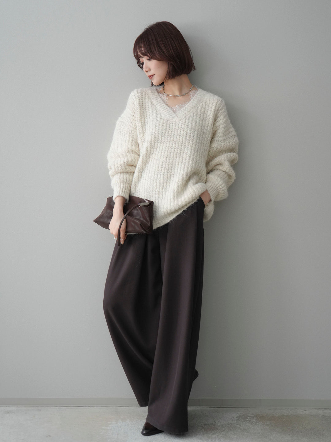 [SET]Vネックレースニットプルオーバー+ベルトループデザインワイドパンツ(2set)