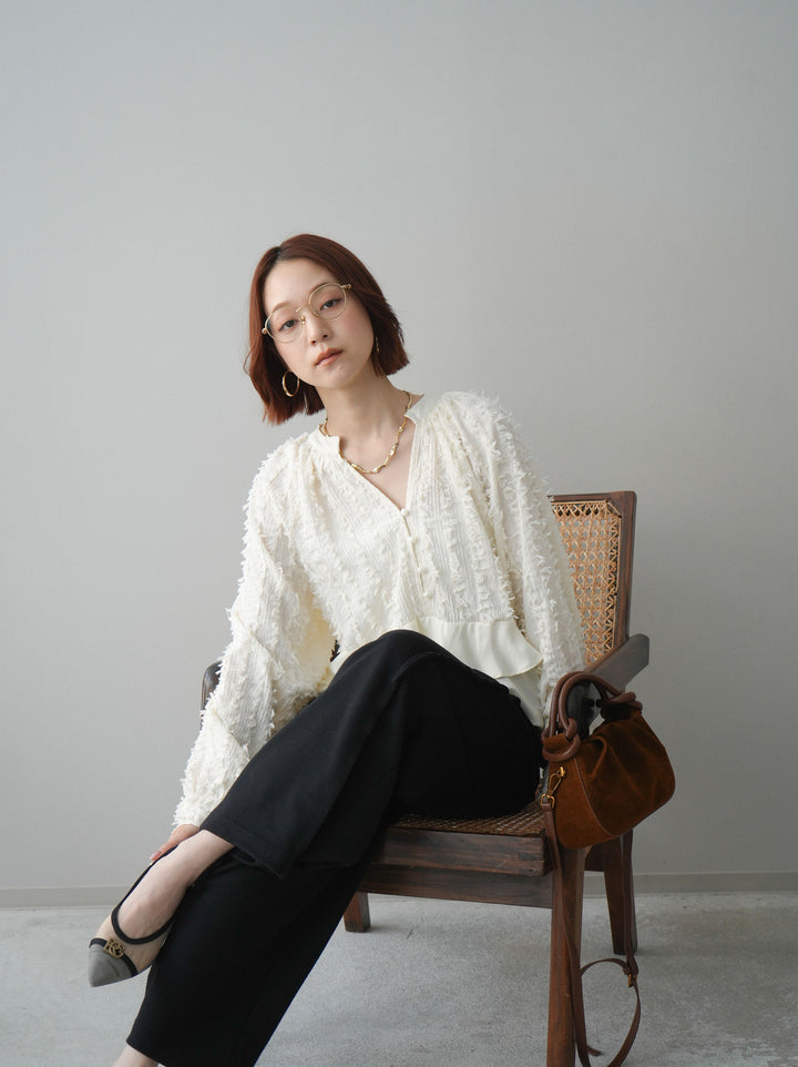 [SET]ジャガードぺプラムフリルブラウス+2WAYデザインスウェットパンツ(2set)