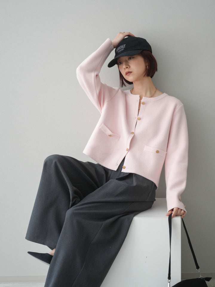 [SET]ゴールドボタンノーカラーニットジャケット+サテンベルトタックワイドパンツ(2set)