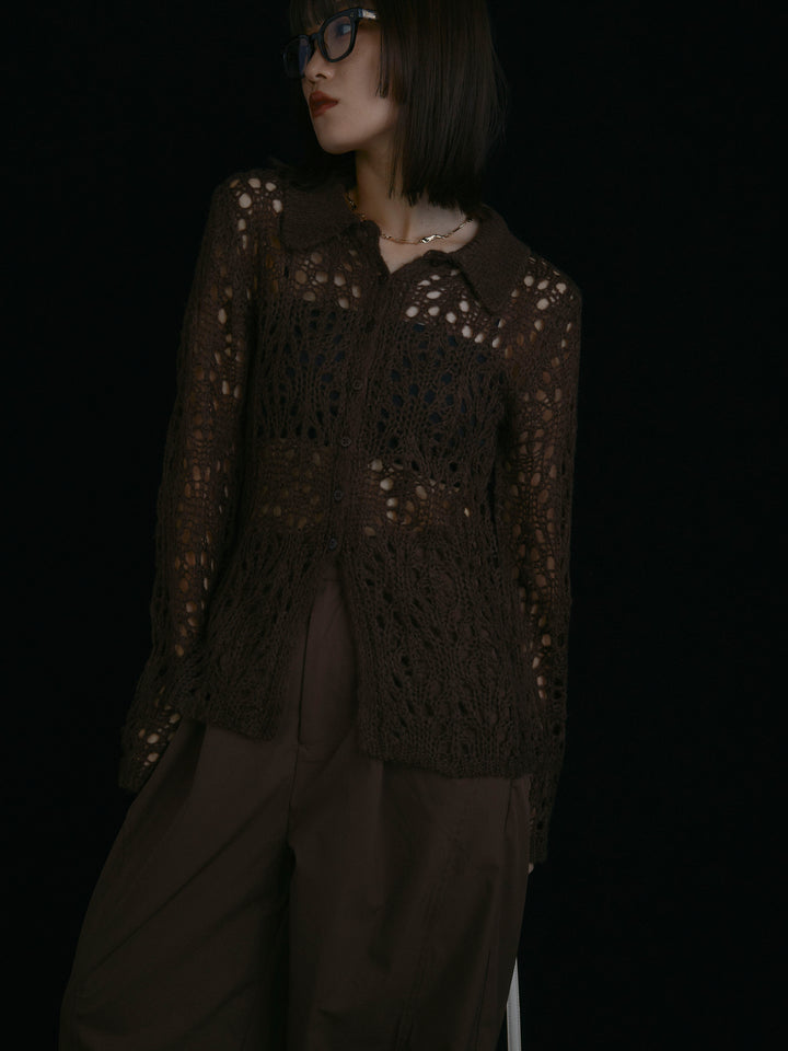 【Allure】[SET]ローゲージ透かし編みポロニッカーディガン+タフタワイドカーブパンツ(2set)