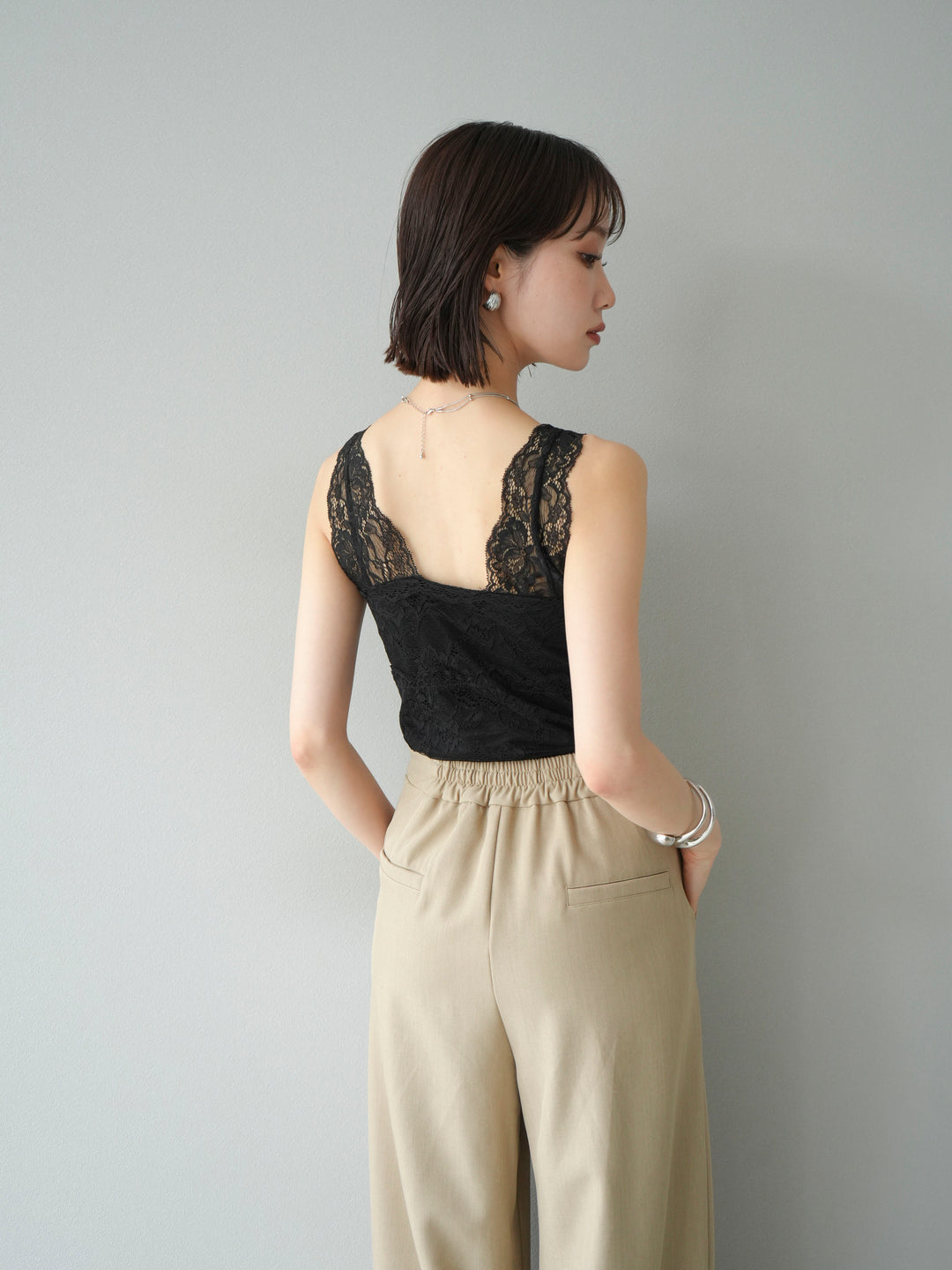 [予約]カップ付レースタンクトップ/ ブラック