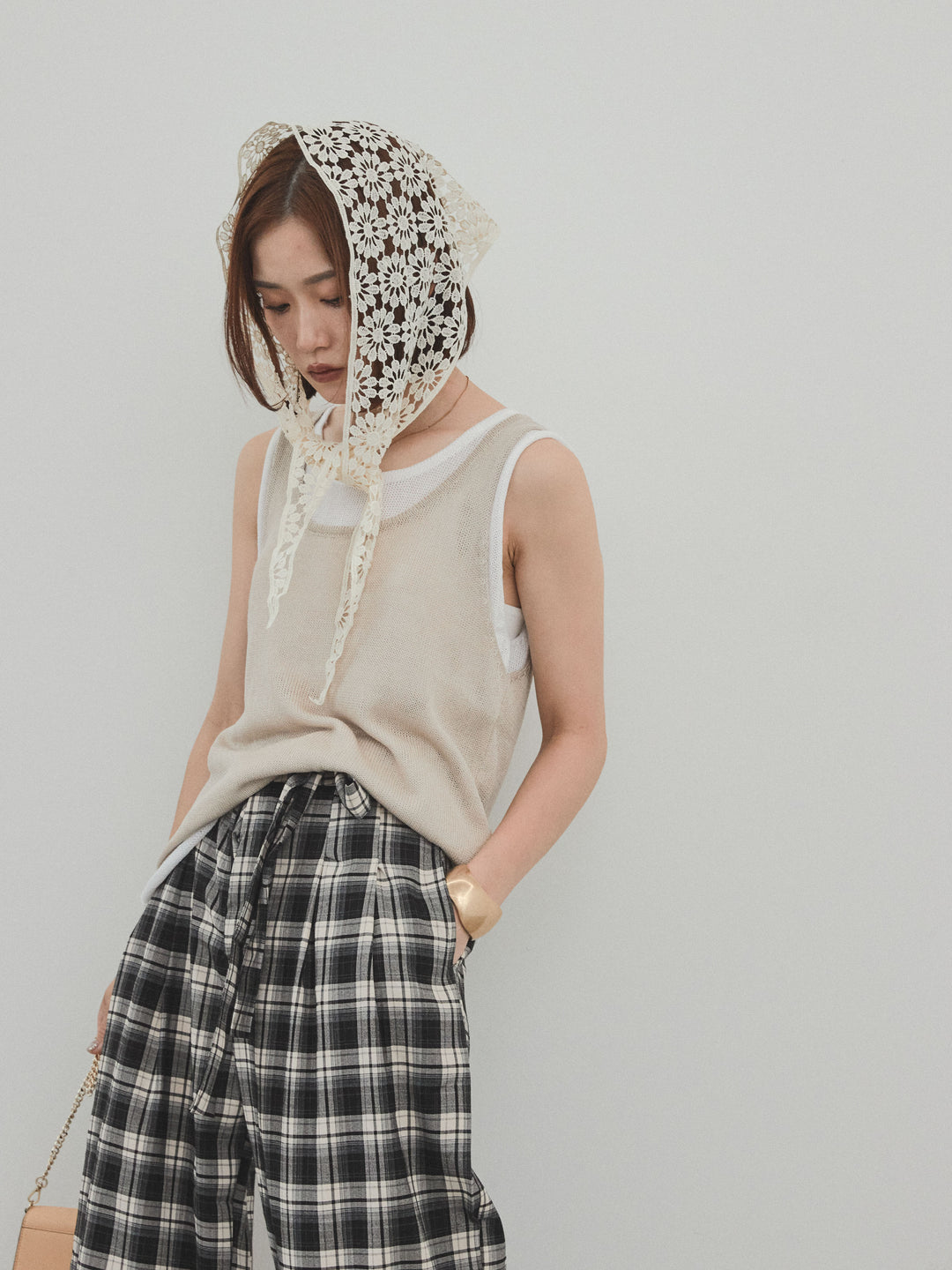 【SET】雙色疊穿針織背心+格紋寬褲（2套）