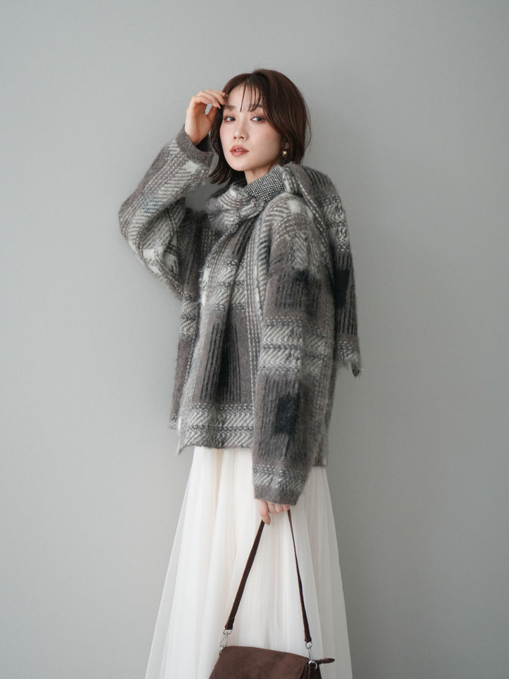 [予約]ストール付シャギーチェックニットプルオーバー/brown