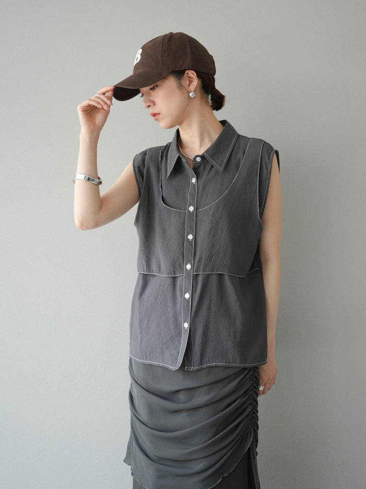 [預訂] 縫合透視多層設計襯衫/炭灰色