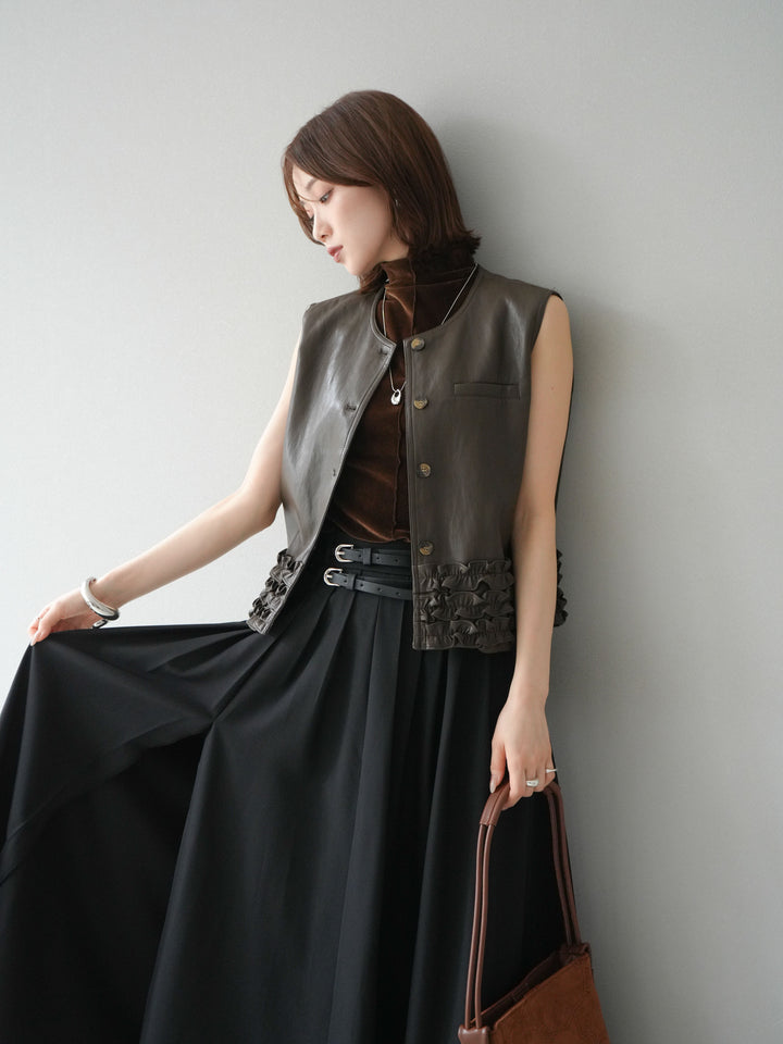 [予約]コンパクトフリルレザーベスト/ブラウン