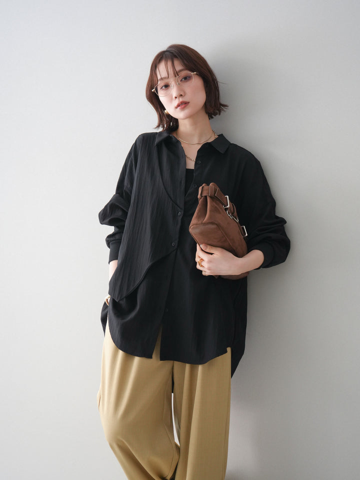 [予約]リブカフスアシンメトリーZIPデザインオーバーシャツ/black