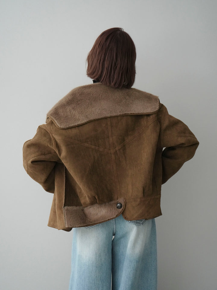 [SET]ムートンショートジャケット+ベルト付裏起毛カーブデニムパンツ(2set)