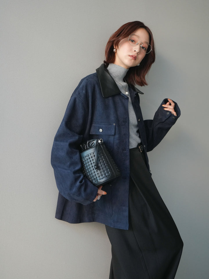 [SET]襟レザーステンカラースエードジャケット+袖ボタンボトルネックリブニットトップス+ベルトループデザインワイドパンツ(3set)