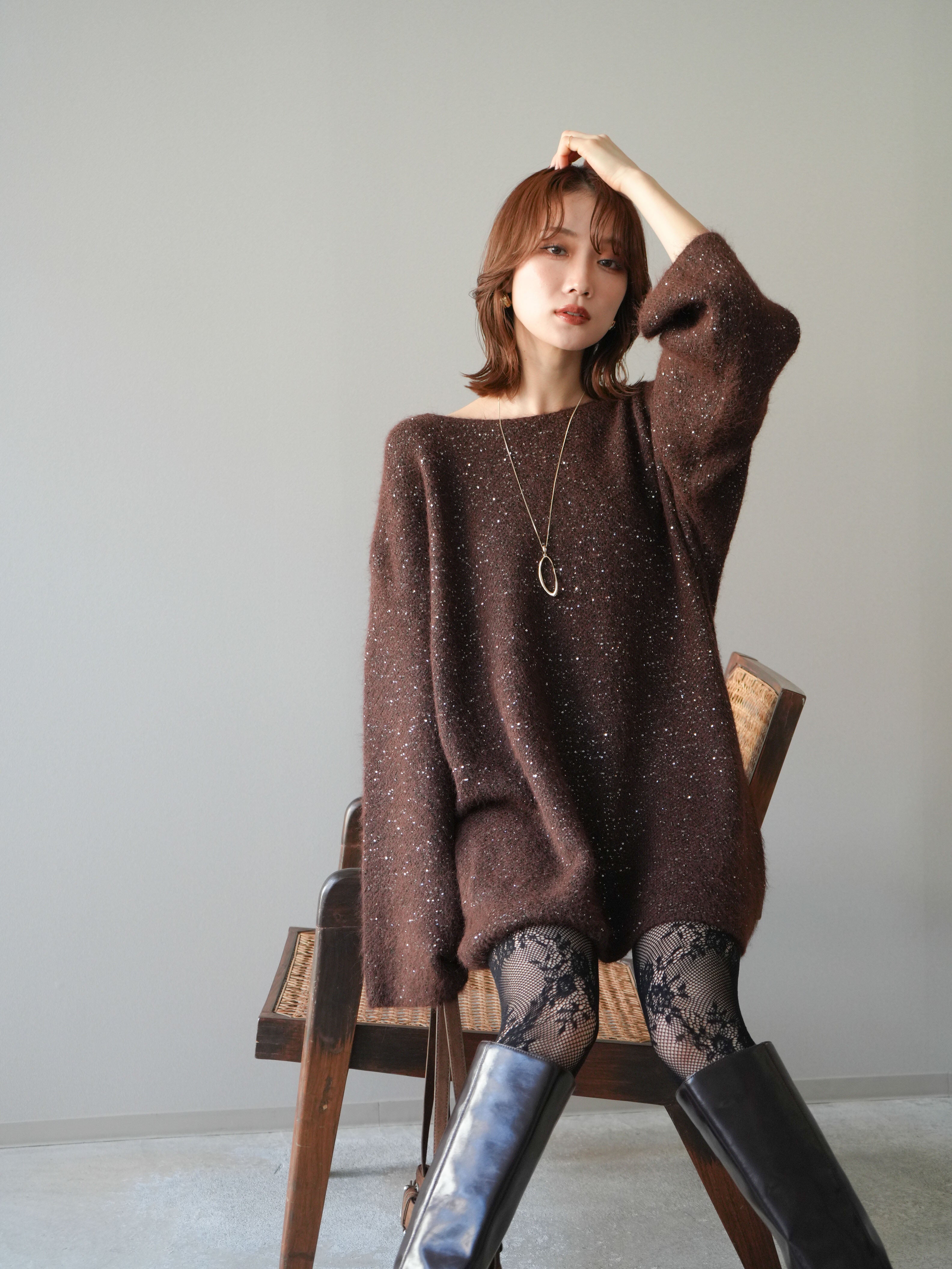 予約]スパンコールミニシャギーニットチュニック/brown – Lumier