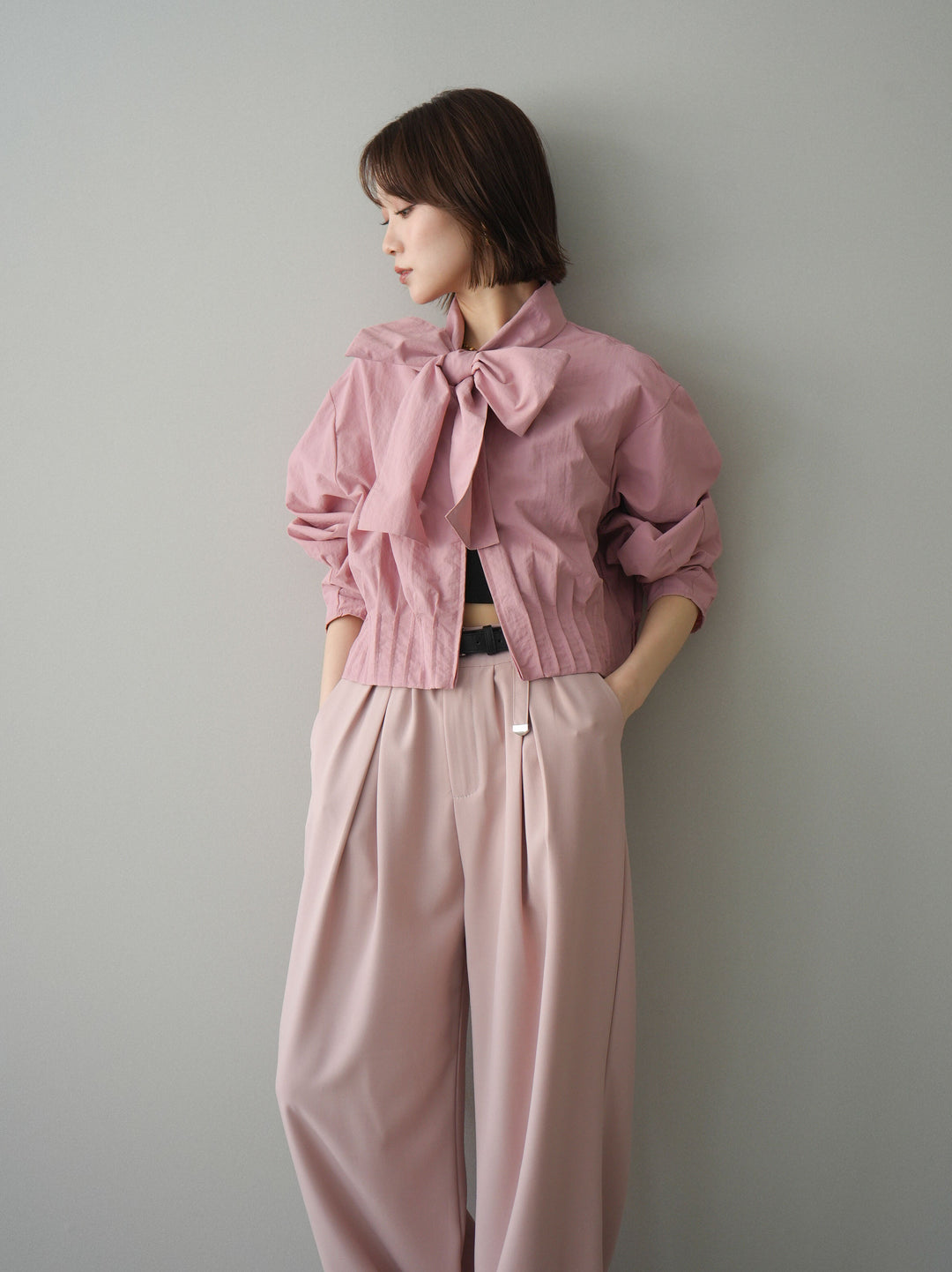 [SET]ボウタイ裾プリーツライトジャケット+選べるアクセセット(2set)