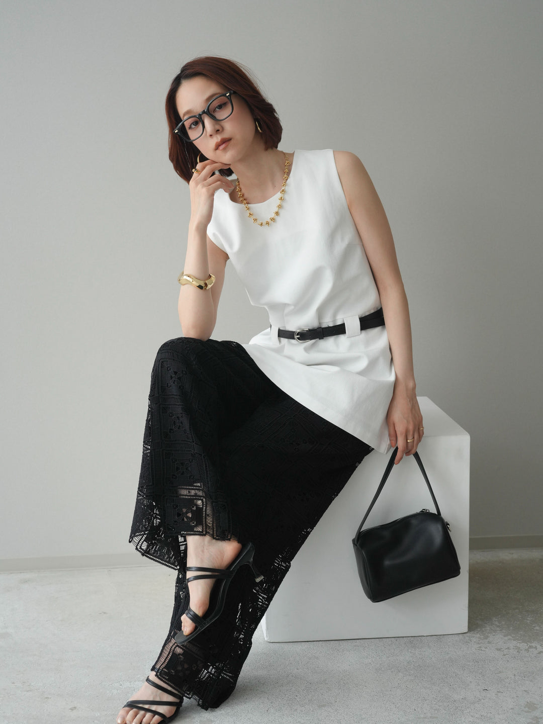 [予約]ベルト付リネンライクノースリチュニック/white