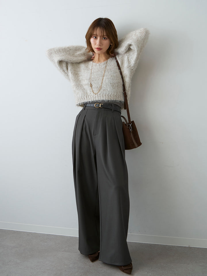 [SET]Vネックシャギークロップニットトップス+ツイルタックワイドパンツ(2set)