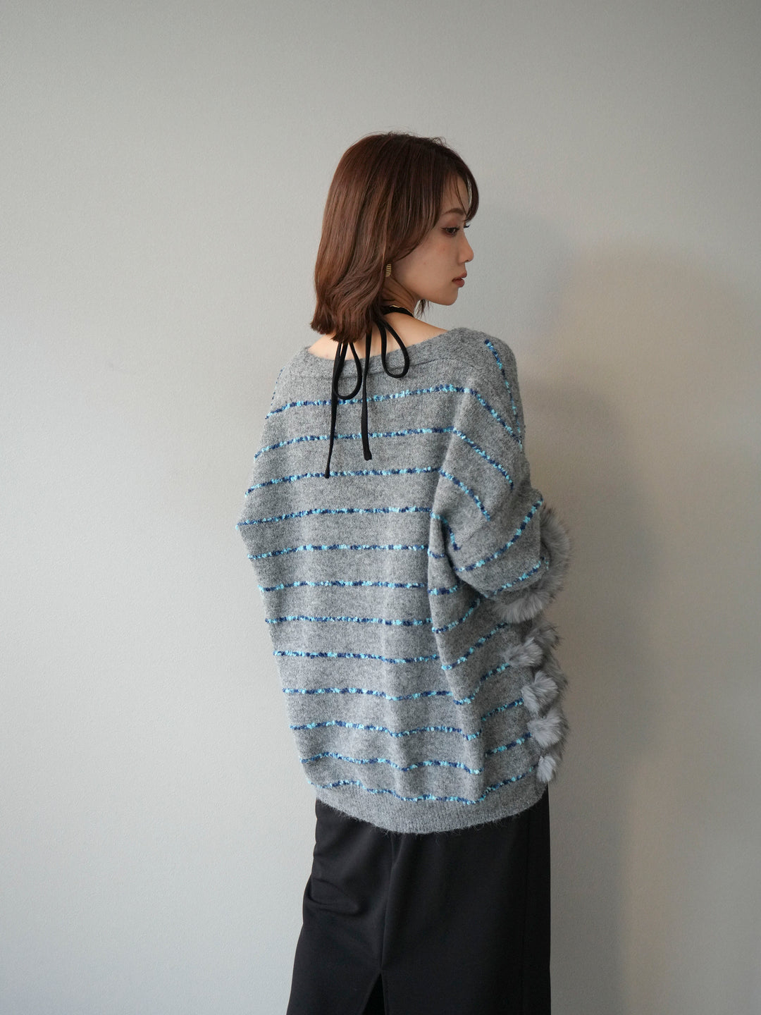 [予約]フェザーライン配色シャギーニットカーディガン/グレー