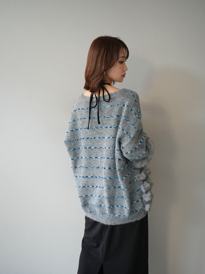 [予約]フェザーライン配色シャギーニットカーディガン/グレー