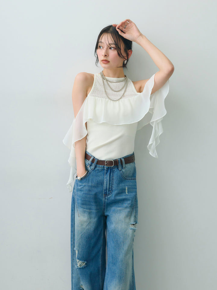 [SET]シフォンフリルドッキングノースリニットトップス+シフォンフリルドッキングノースリニットトップス(2set)