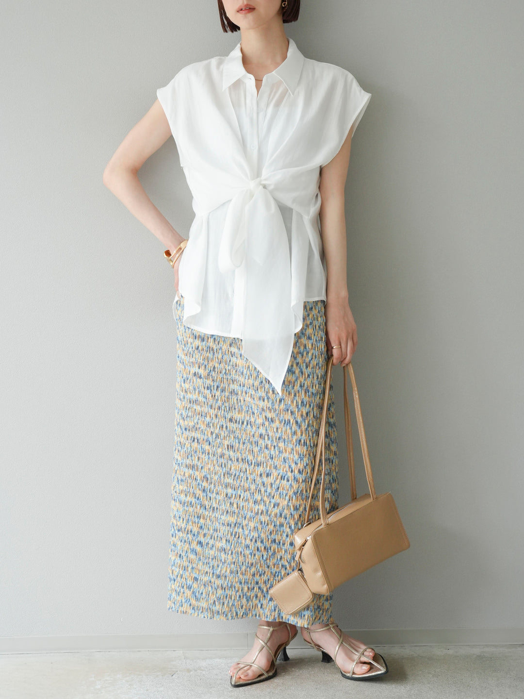 [SET]フロントタイシアーブラウス+マルチカラーランダムプリーツタイトスカート(2set)