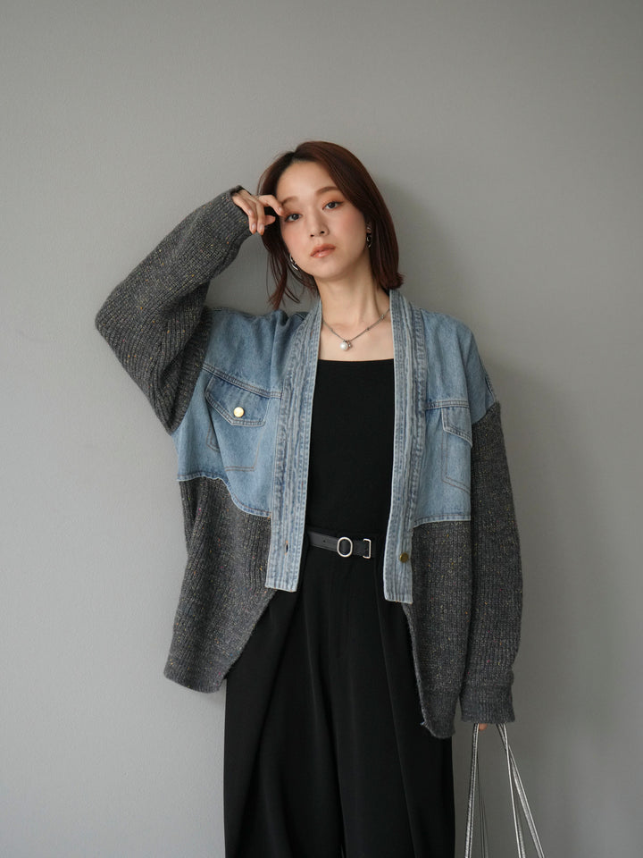 [予約]デニム切替ネップニットカーディガン/グレー