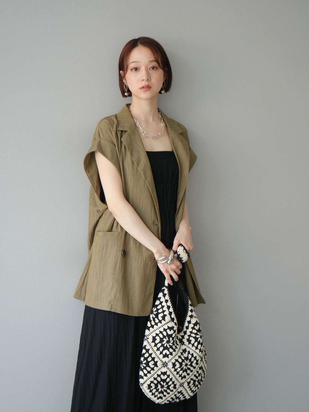 [SET]レーヨンシャーリングキャミワンピース+リネンライクノースリーブダブルジレ(2set)