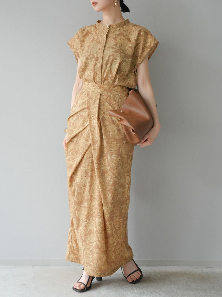[SET]ペイズリープリントゴールドボタンブラウス+ペイズリープリントタックIラインスカート(2set)
