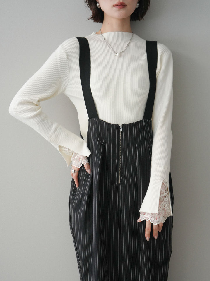 [SET]袖スカラップレースオフネックニットトップス+グログランテープストライプサロペット(2set)