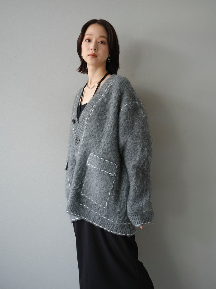 [予約]ステッチVネックニットカーディガン/グレー