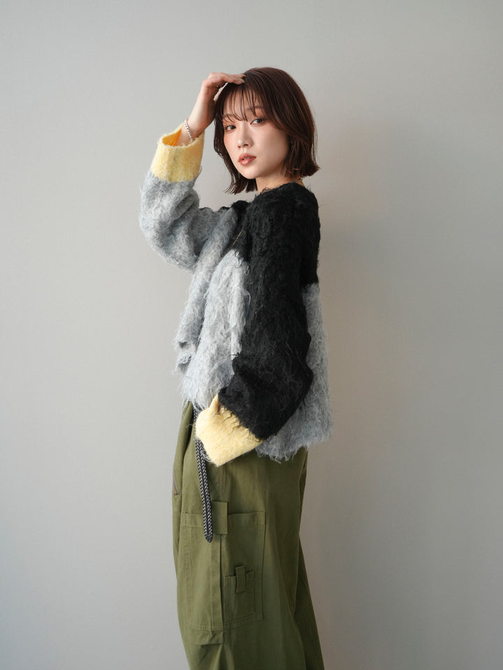 [SET]バイカラーモヘアタッチニットプルオーバー+コットンタックループパンツ(2set)