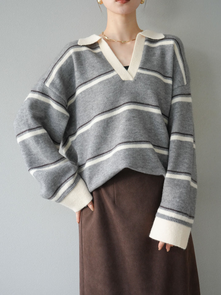 [SET]ポロ襟スキッパーボーダーニットプルオーバー+スウェードIラインスカート(2set)