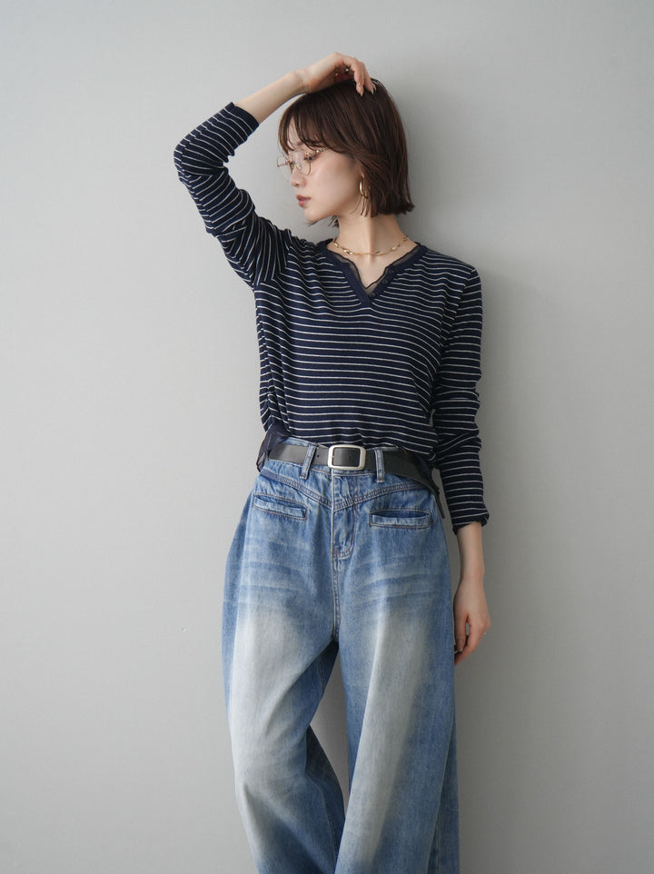 [SET]チュールレイヤードデザインボーダーニットトップス+フロントポケットサイドタックワイドデニム(2set)