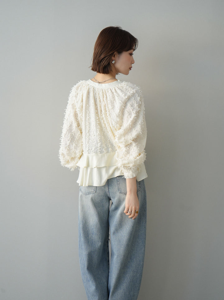 [SET]ジャガードぺプラムフリルブラウス+ダメージデニムセミワイドパンツ(2set)