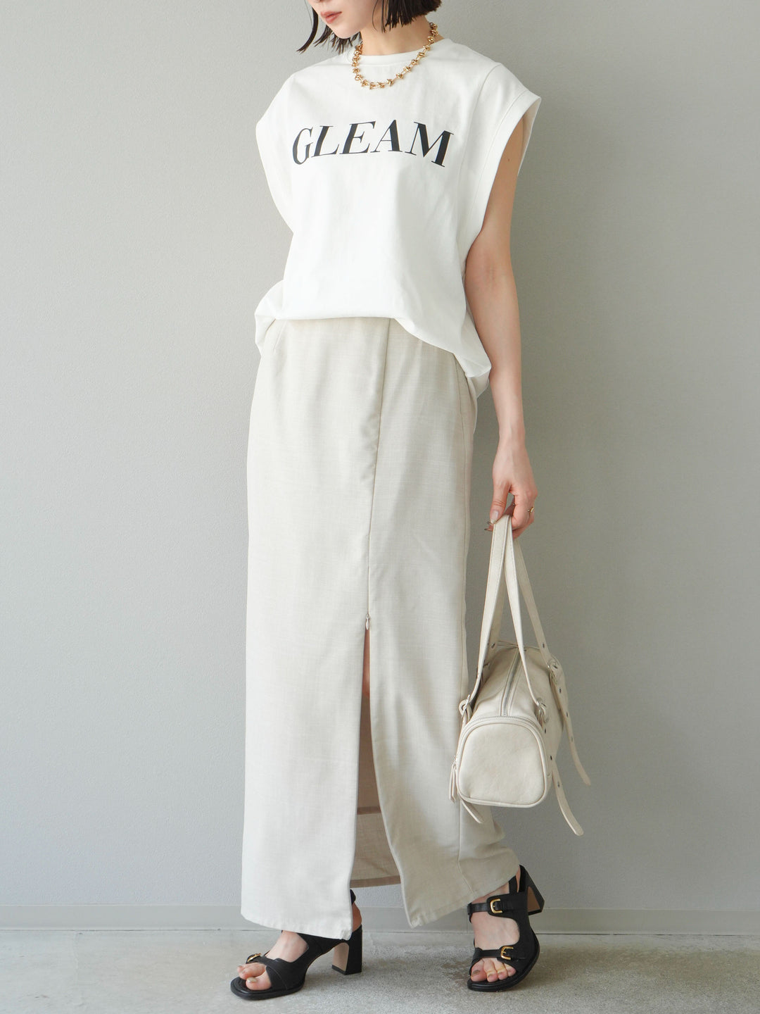 [予約]リネンライクZIPスリットタイトスカート/エクリュ