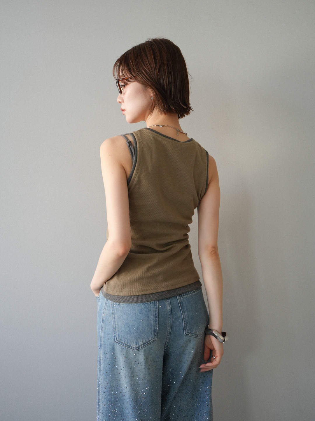 [SET]配色リブヘンリータンクトップ+ウエストベルトビジューワイドデニムパンツ(2set)