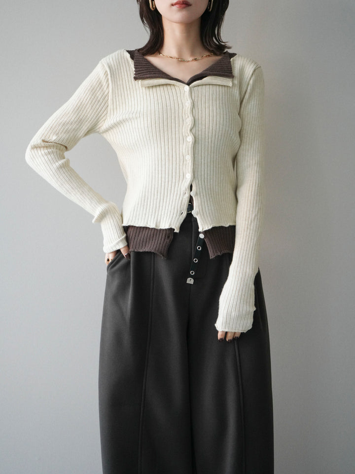 [予約]配色レイヤードリブニットカーディガン/ivory