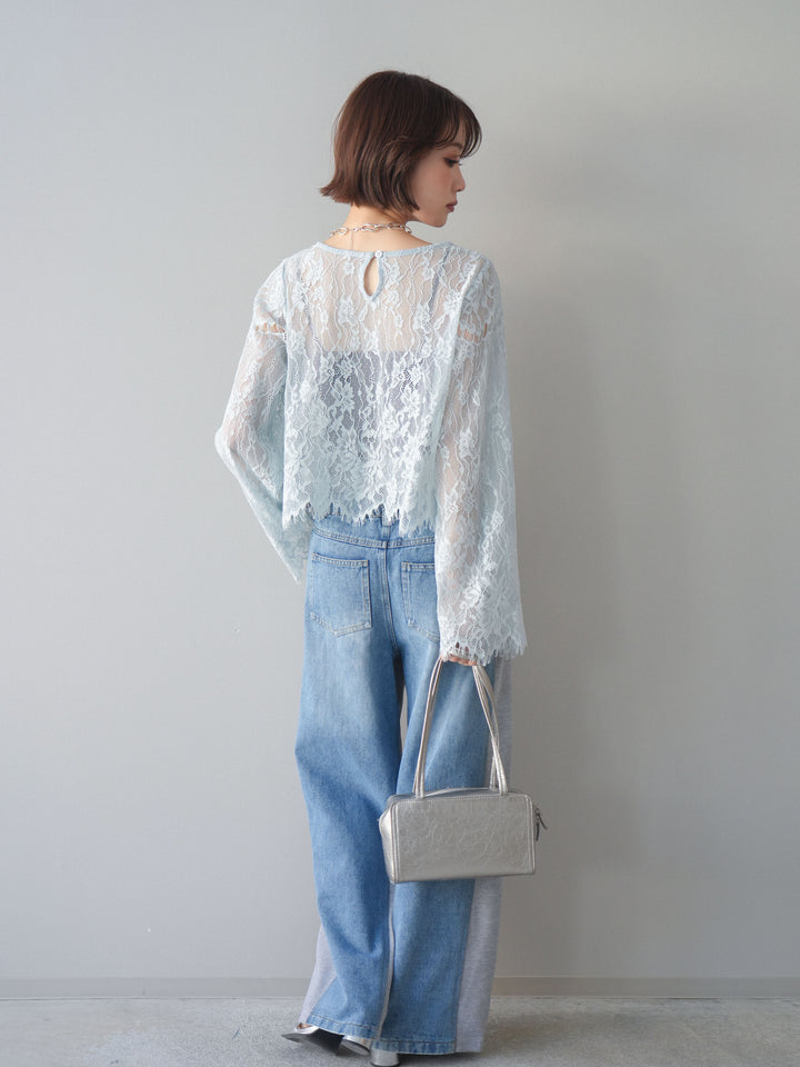 [SET]2WAYスリーブレーストップス+デニム切替スウェットパンツ(2set)