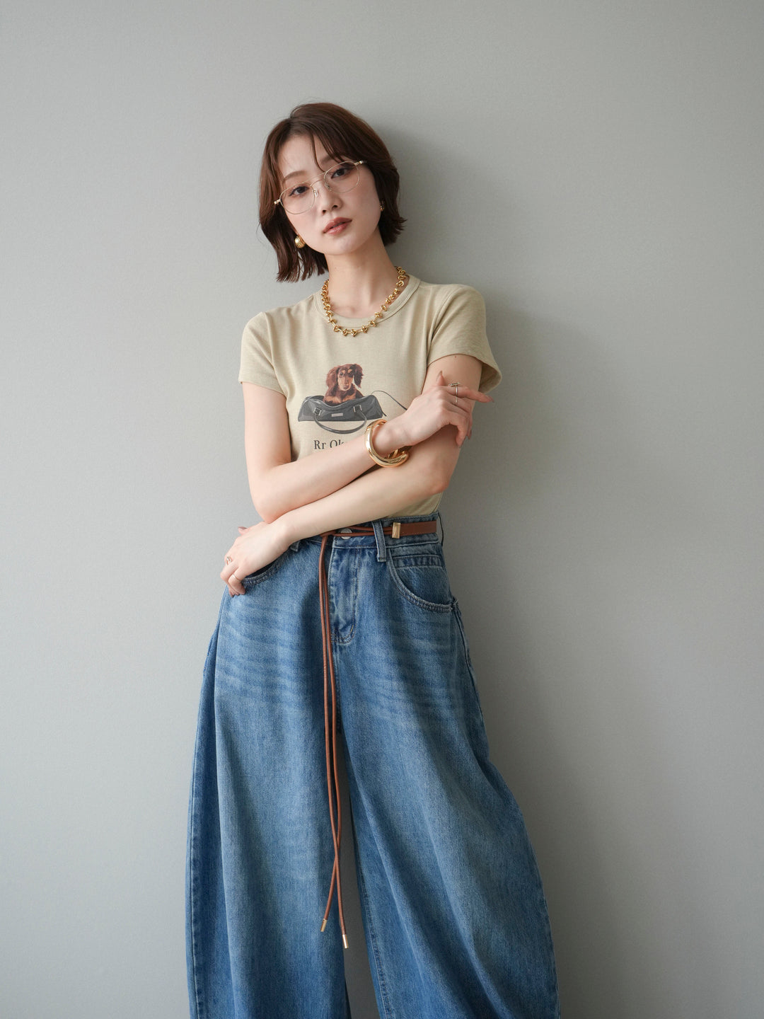 [SET]ドッグコンパクトTEE+ベルト付ボリュームデザインデニム(2set)
