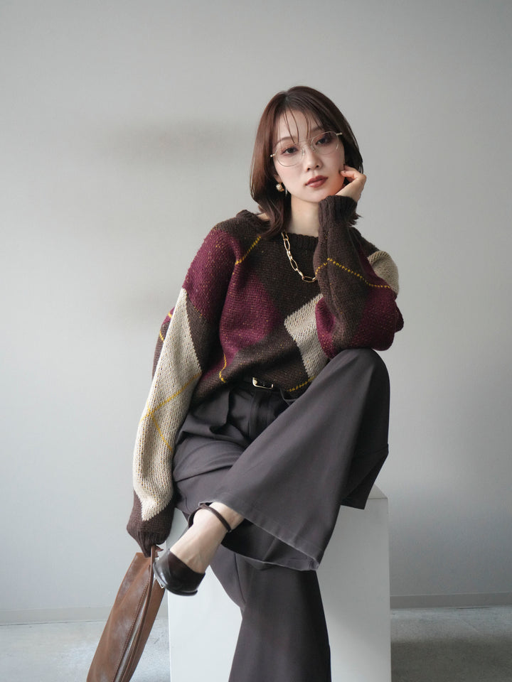 [予約]配色ステッチアーガイル柄ニットプルオーバー/brown