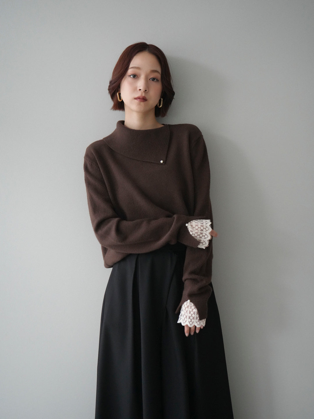 [SET]袖レースパール付き配色ニットトップス+テープベルトタックバギーパンツ(2set)