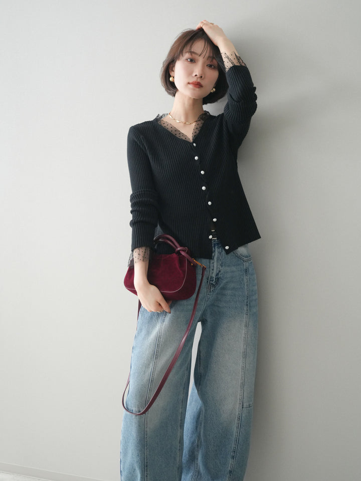 [予約]チュールドッキングパールボタンニットカーディガン/black