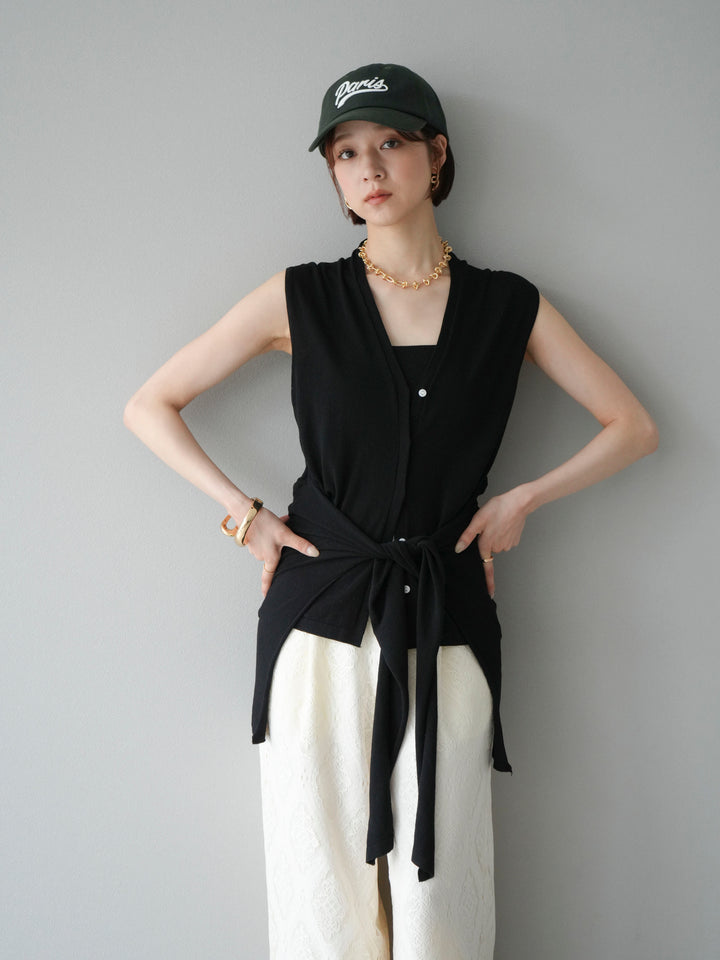 【預購】無袖圍腰針織開襟衫/黑色