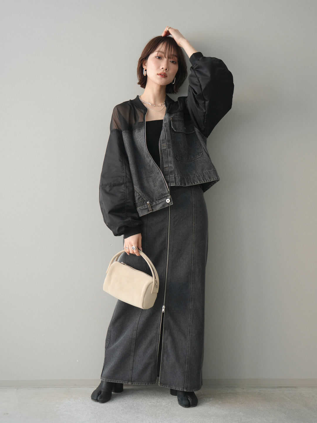 [SET]異素材デニムブルゾン+フロントジップデニムスカート(2set)