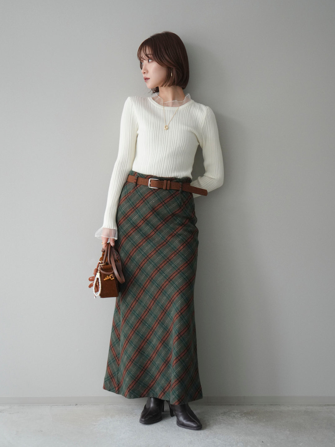[SET]チュールドッキングリブニットトップス+ベルト付チェック柄ナロースカート(2set)