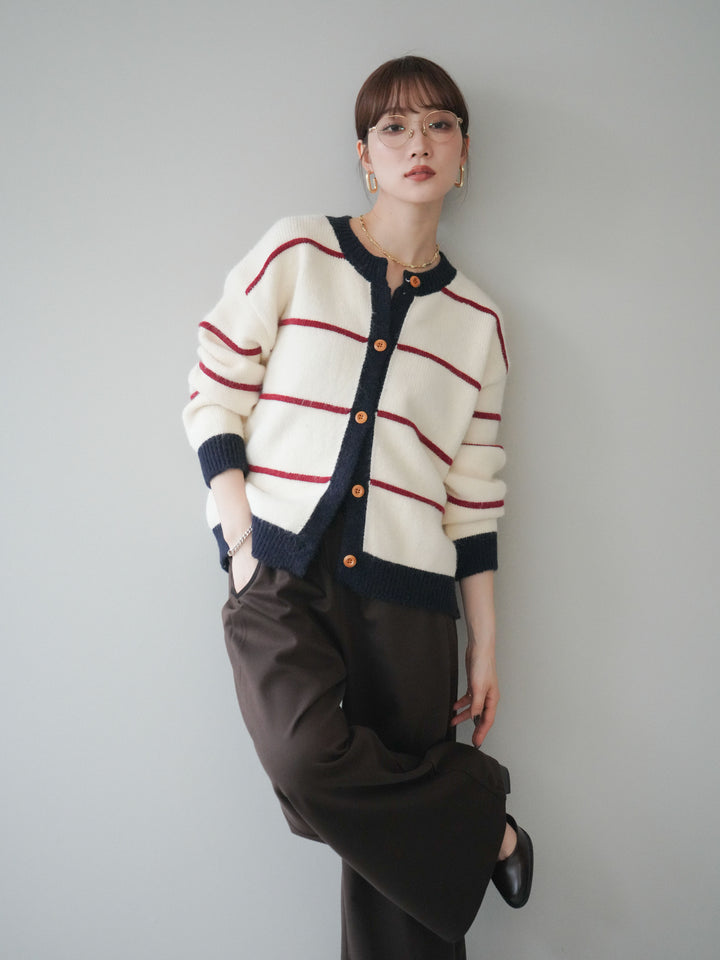 [予約]配色ボーダーニットカーディガン/red