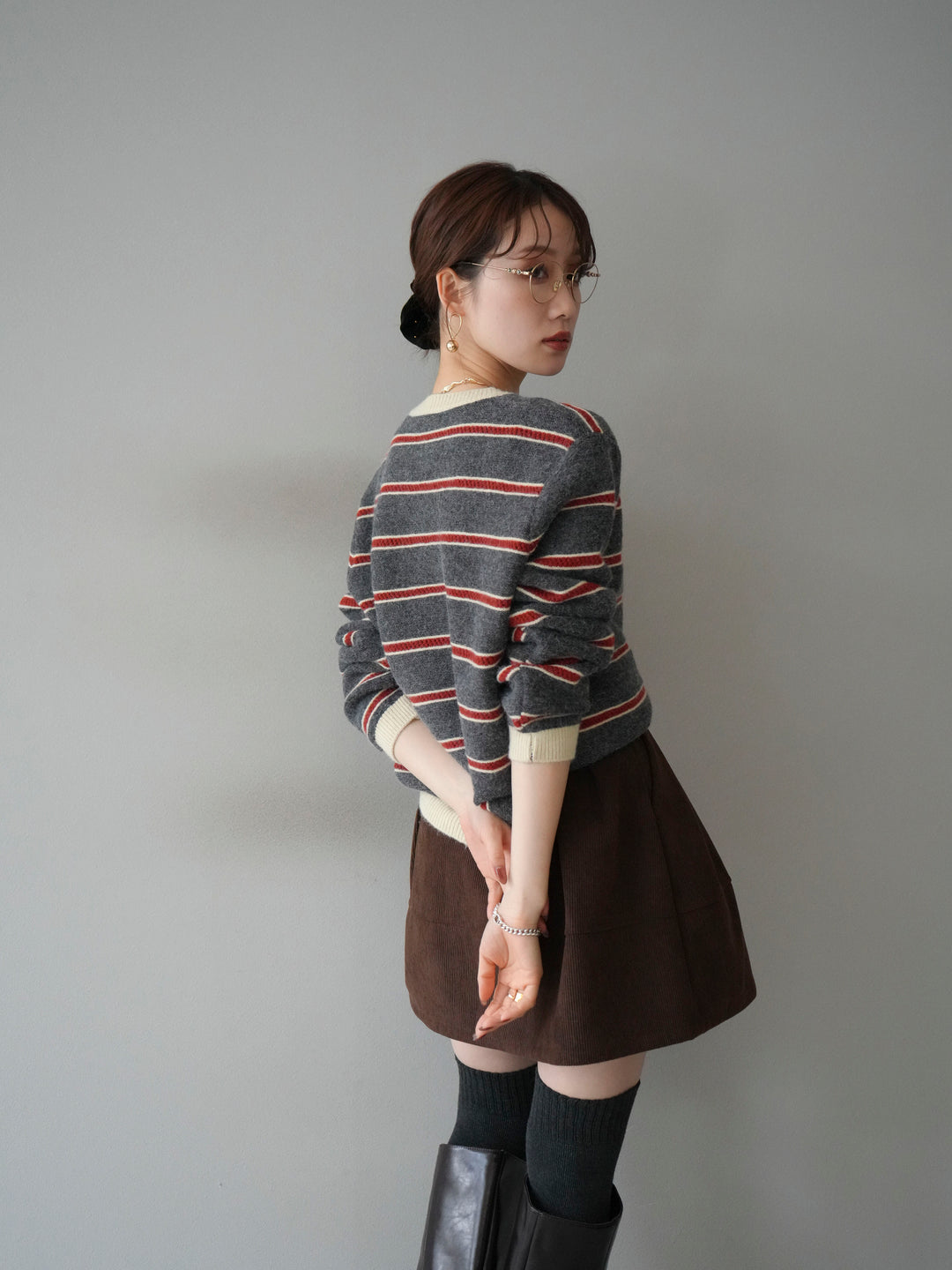 [予約]配色ボーダーニットカーディガン/gray