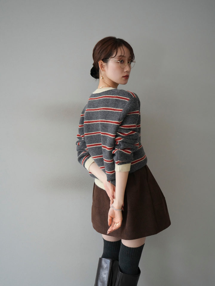 [予約]配色ボーダーニットカーディガン/gray