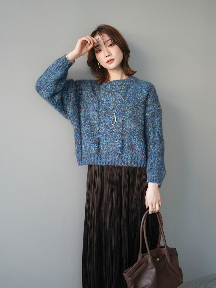 [予約]ワイドケーブルミックスニットプルオーバー/blue