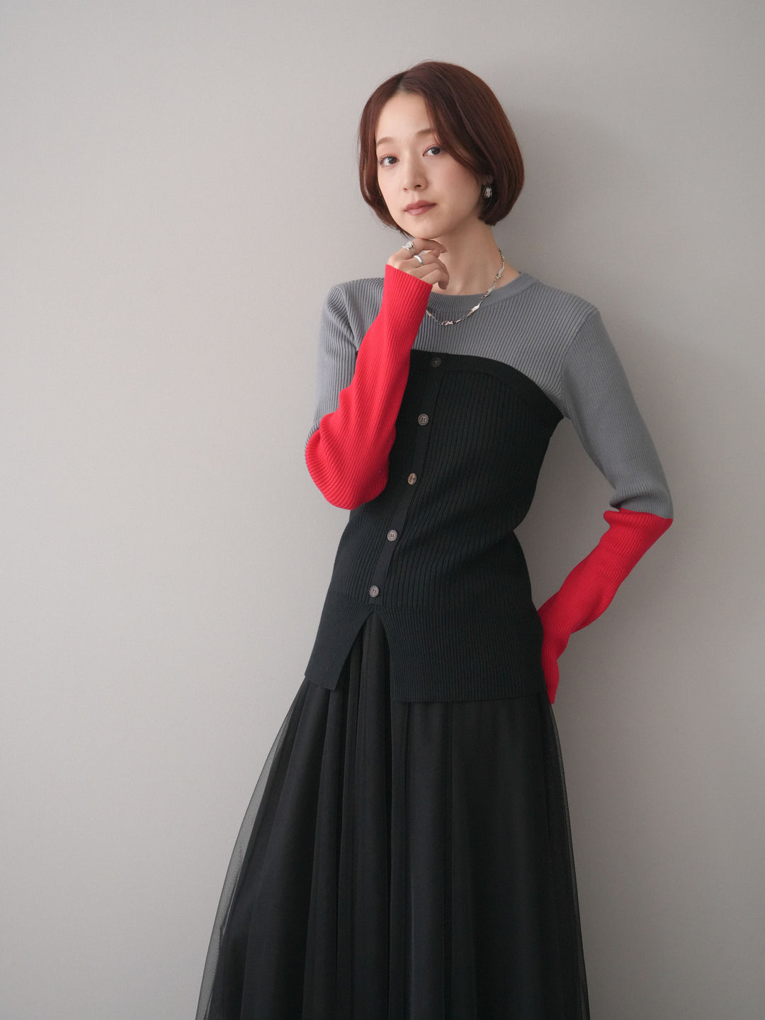 [SET]配色ビスチェドッキングリブニットトップス+選べるアクセセット(2set)