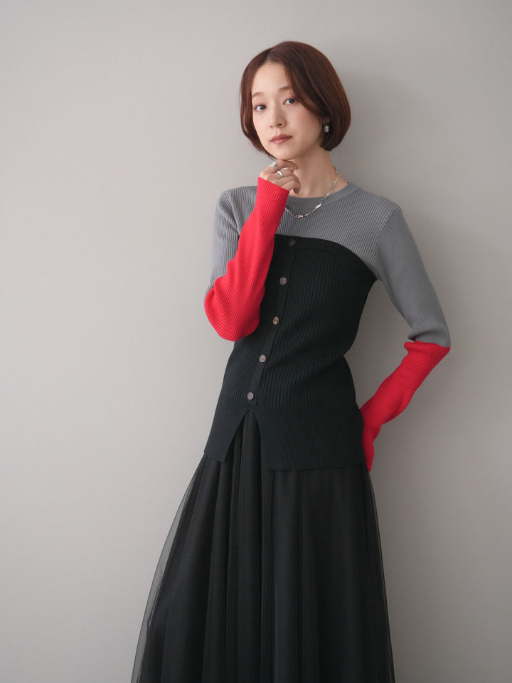 [SET]配色ビスチェドッキングリブニットトップス+選べるアクセセット(2set)