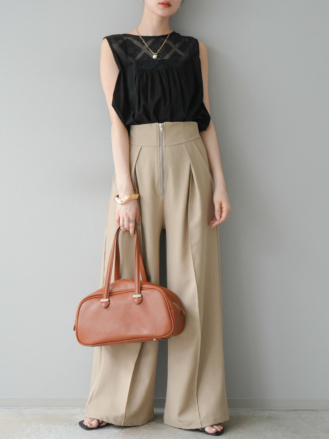 [予約]インド製コットンレース切替ノースリブラウス/ブラック