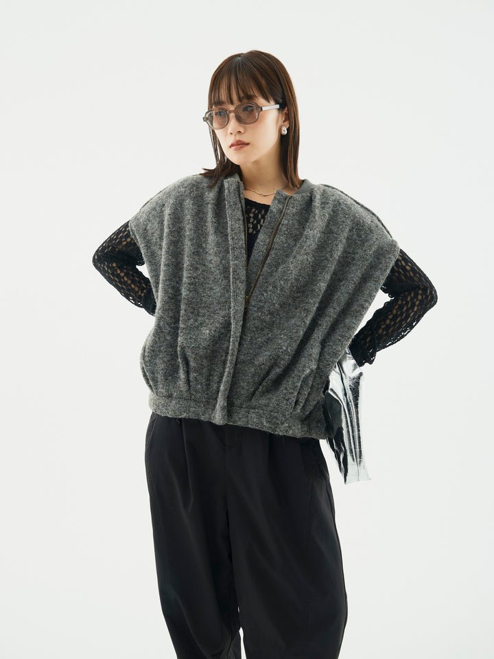 【Allure】[SET]ウール混コクーンブルゾン+タフタワイドカーブパンツ+バックラウンドレーストップス(3set)